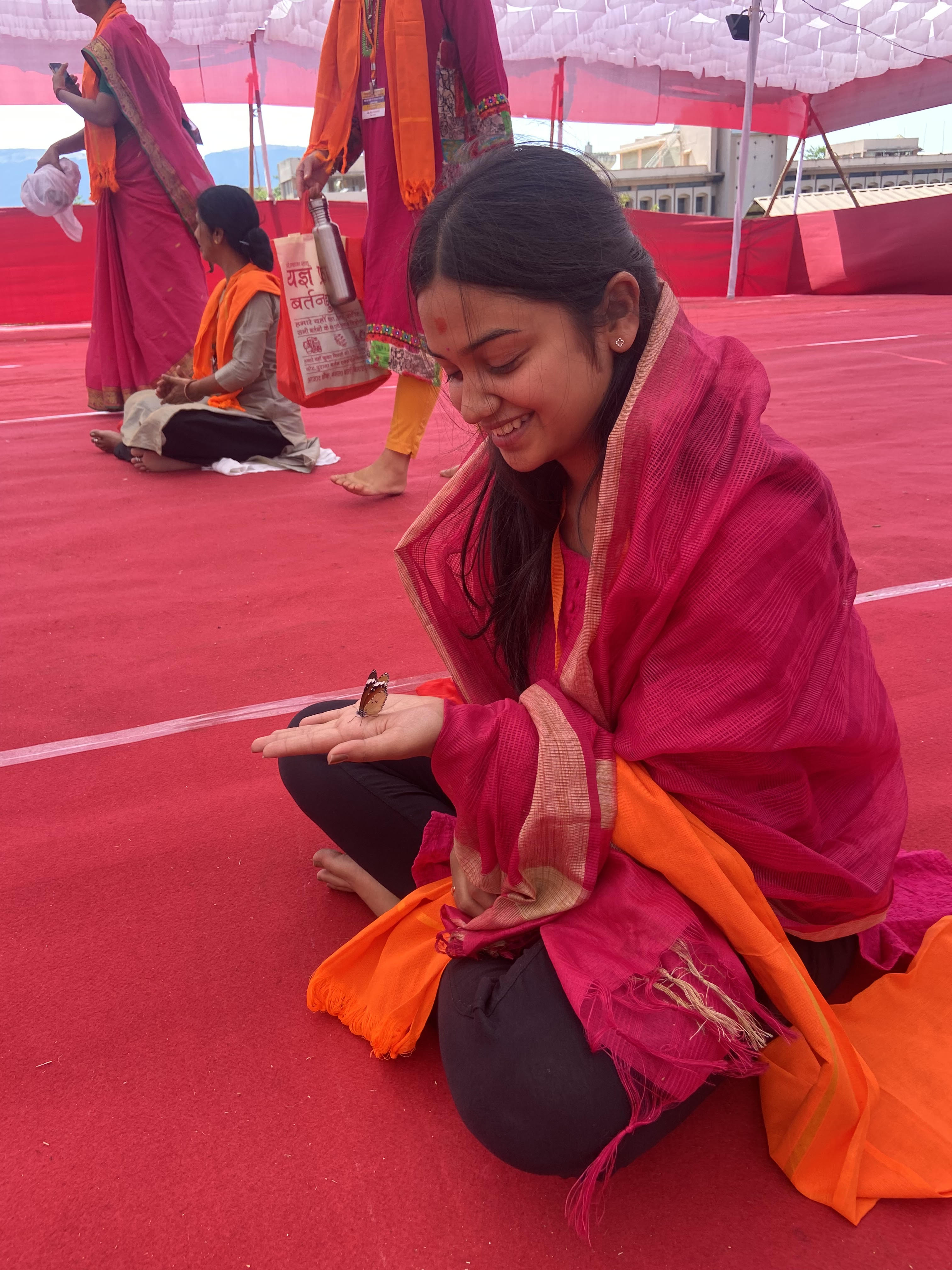 A joyful moment during a yoga workshop in the Nasik area of India
