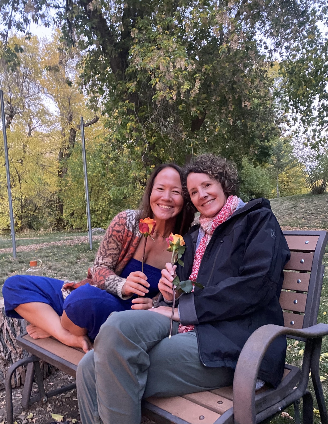 Mary Kirkendoll and Mary Kaczor together outdoors in autumn